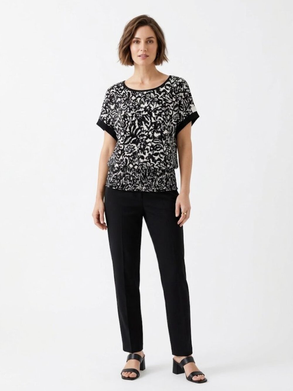 Alfani Floral Pullover Top Black White Print Round Neck Short Sleeve Size Small